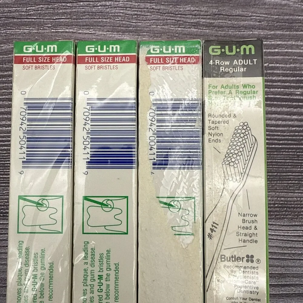 Lot 4 VTG Gum Butler 4-Row ADULT Full Size Head Toothbrush 411 Blue Yellow Red